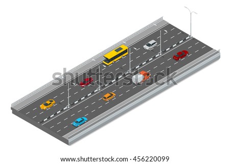 Highway traffic. Highway transportation with cars and Truck. Flat 3d vector isometric illustration
