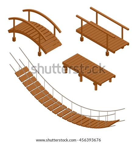 Wooden bridge vector illustrations. Flat 3d isometric set