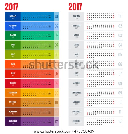 2017 Calendar, Print Template with Place for Photo, Your Logo and Text. Week Starts Sunday. Portrait Orientation. Set of 12 Months.