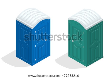 Blue and green bio toilets isolated on write background. Hiking services. Flat color style illustration icon. 
