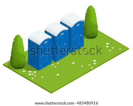 Isometric Bio mobile toilets on grass in park. Hiking services. Flat color style illustration