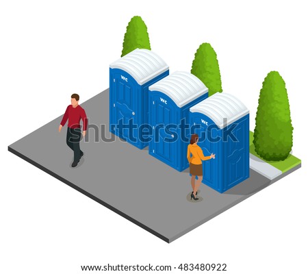 Isometric Bio mobile toilets in city. Hiking services. Flat color style illustration 