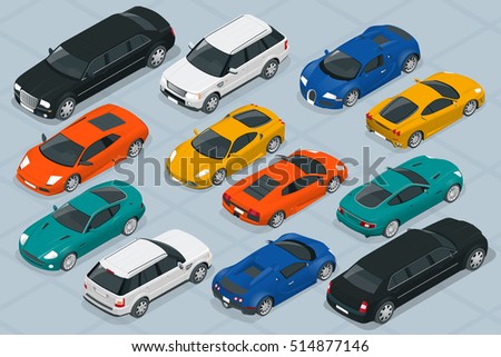 Set of Modern luxury cars icons. Vector Flat 3d isometric high quality city transport icon set. 