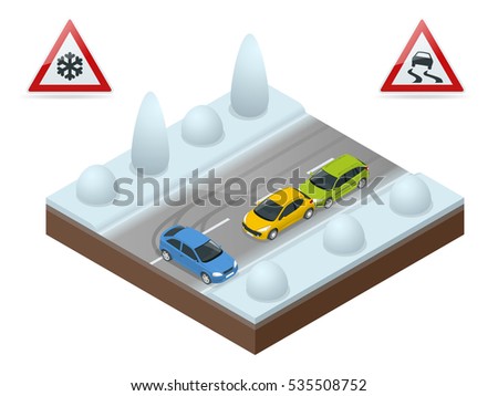 Winter Driving and road safety. The car rides on a slippery road. Urban transport. Can be used for advertisement, infographics, game or mobile apps icon. 