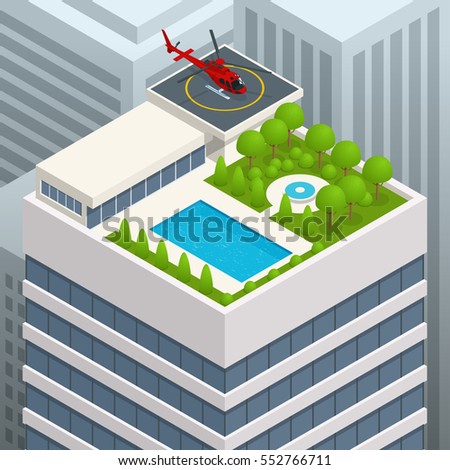 Isometric Helipad on the green roof of a skyscraper and helicopter. View of eco-roof on modern buildings and other residential buildings in City. 