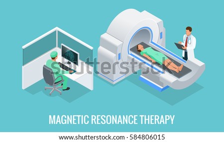 Doctor looking at results of patient brain scan on the monitor screens in front of MRI machine with man lying down. Flat isometric vector illustration.