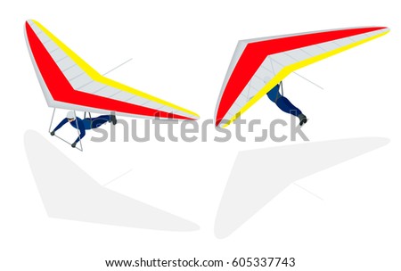 Isometric Hang glider soaring the thermal updrafts suspended on a harness below the wing, isolated on white.
