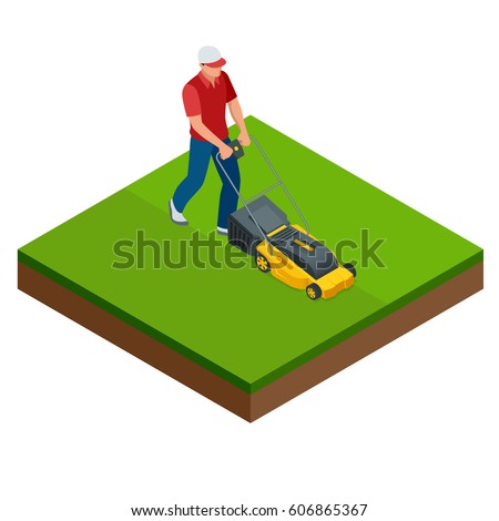 Man mowing the lawn with yellow lawn mower in summertime. Lawn grass service concept. Isometric vector illustration