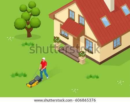 Man mowing the lawn with yellow lawn mower in summertime. Lawn grass service concept. Isometric vector illustration