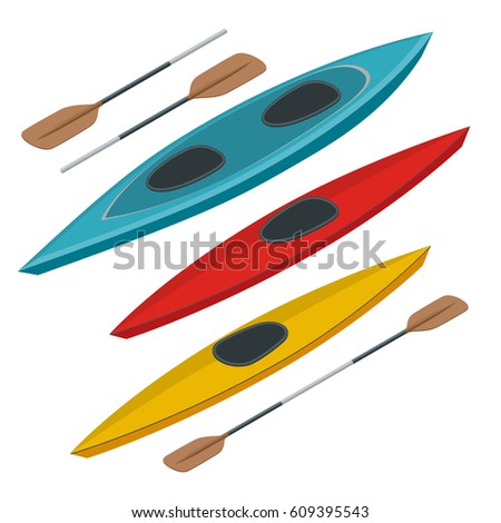 Rafting and kayaking icons collection. Isometric plastic kayak water recreational, touring or travel transport. Flat 3d illustration for infographics and design Stok fotoğraf © 