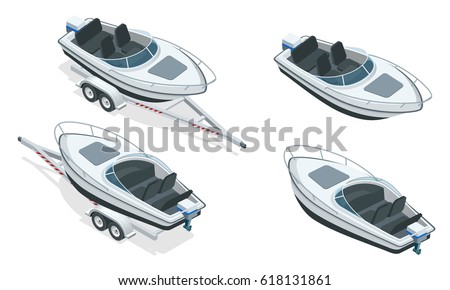 Boat or cutter on a trailer. The launching of a small motor boat at a ramp. Flat 3d isometric high quality water transport