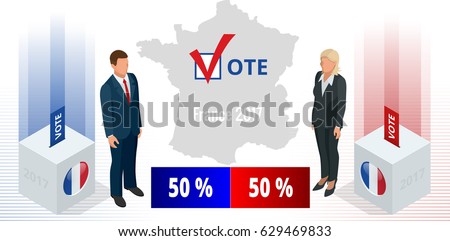 Presidential Election in France 2017, ballot box in front.  Marine Le Pen and Emmanuel Macron