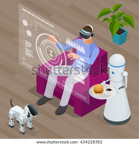 Isometric Techno Robots and Man sitting on sofa at home wearing Virtual Reality Headset. Technology, cyberspace and people concept 