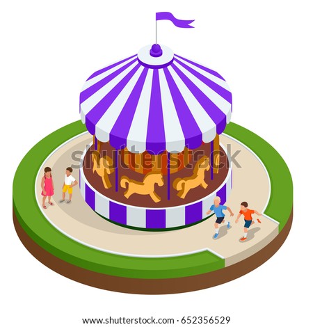 Isometric Children's carousel with horses isolated. Vector illustration. Colorful children's carousel.