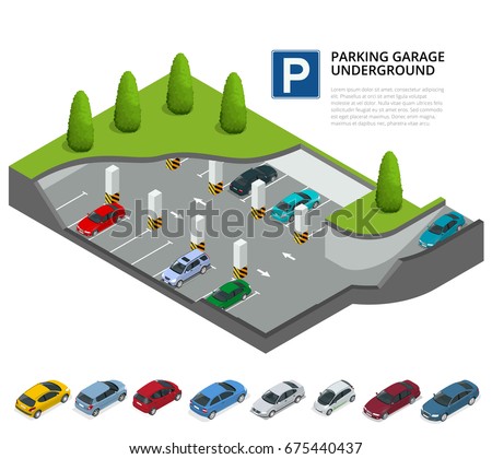 Underground parking with cars. Indoor car park. Urban car parking service. Flat 3d isometric vector illustration for infographic. Isometric car. Isometric vehicles