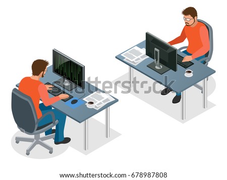 Isometric young programmer coding new project sitting on computer with command line web development, programming concept banner Digital devices programmer creating website writing computer software