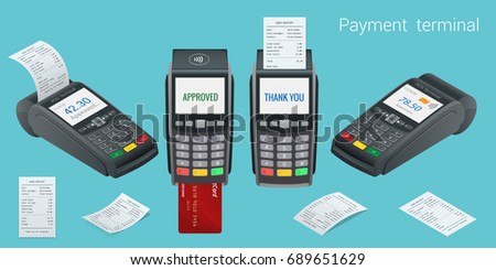 Vector payment machine and credit card. POS terminal confirms the payment by debit credit card, invoce. Vector illustration in flat design. NFC payments concept. Isometric NFC payments concept