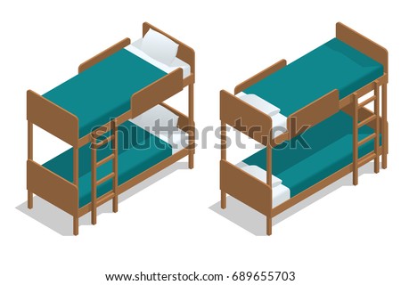 Isometric vector wooden two-storeyed bed separately on a white background. Living-room in a hostel with two bunk beds. Camp Cabin.