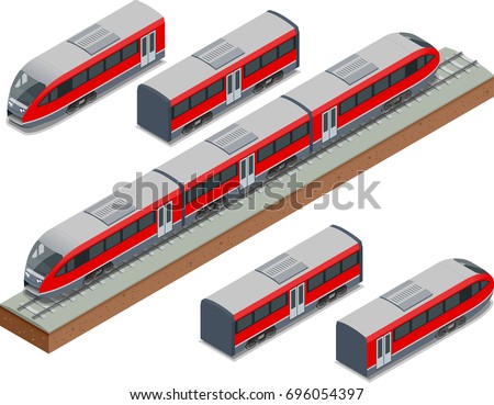 Isometric train tracks and modern high speed train Vector isometric illustration of a Fast-Train. Vehicles designed to carry large numbers of passengers.