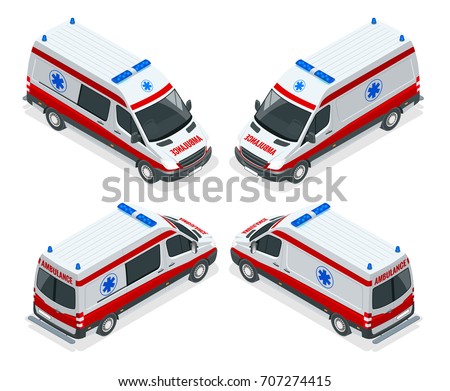 Transport isometric set Ambulance van isolated vector illustration. Emergency medical evacuation accident.  Accident Ambulance Aid Service Clinic Emergency Department  for Infographics, banner, web