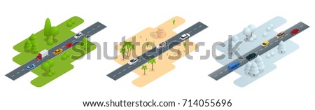 Seth consisting of three isometric pictures Road in summer, road in the desert and road in winter. used for workflow layout, game, diagram, number options, web design and infographics