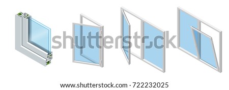 Isometric Cross section through a window pane PVC profile laminated wood grain, classic white. Set of Cross-section diagram of glazed windows.