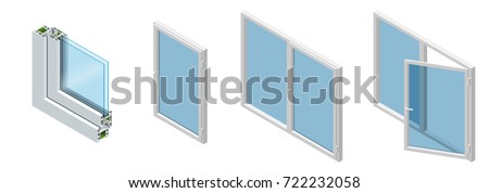 Isometric Cross section through a window pane PVC profile laminated wood grain, classic white. Set of Cross-section diagram of glazed windows.