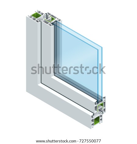 Isometric Cross-section diagram of a double glazed window pane PVC profile laminated wood grain, classic white. Flat vector illustration 