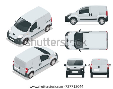 Small Van Car. Isolated vehicle, template for branding and advertising. Front, rear , side, top and isometry front and back. Change the color in one click. All elements in groups on separate layers.