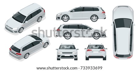 Vector hatchback car. Compact Hybrid Vehicle. Eco-friendly hi-tech auto. Easy color change. Template vector isolated on white View front, rear, side, top and isometric