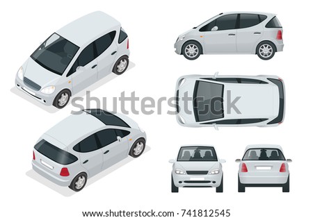 Small Compact Electric vehicle or hybrid car. Eco-friendly hi-tech auto. Easy color change. Template vector isolated on white View front, rear, side, top and isometric