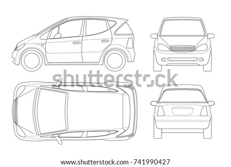 Small Compact Electric vehicle or hybrid car on outline. Eco-friendly hi-tech auto. Template vector isolated. View front, rear, side, top. Easy to change the thickness of the lines.