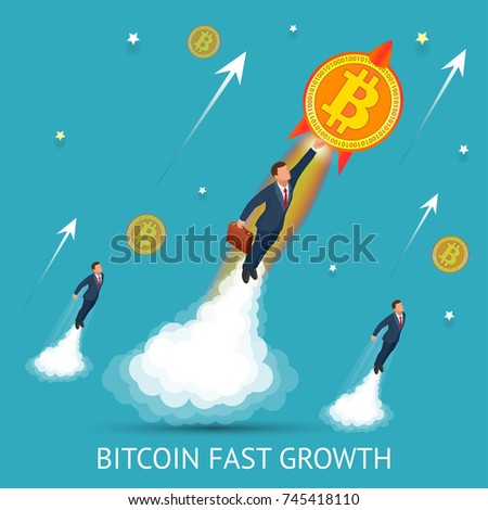 Bitcoin is fast growing. Digital currency, technology worldwide network concept. Businessman takes off with a coin bitcoin. Block chain concept