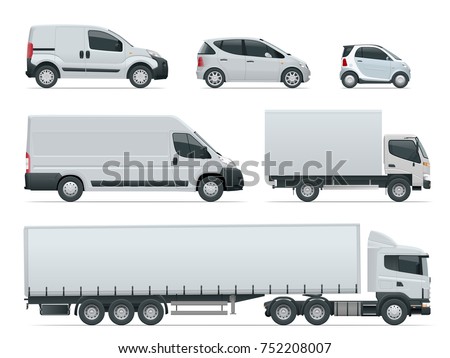 Set of cargo trucks side view. Delivery Vehicles isolated. Cargo Truck and Van. Vector illustration.