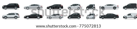 Side view of business vehicle template vector isolated on white. Urban, city cars and vehicles transport vector flat icons set.