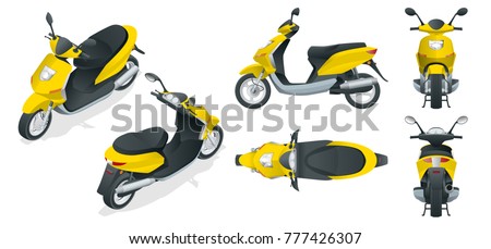 Trendy electric scooter, isolated on white background. Isolated electric scooter, template for branding and advertising. Front, rear, side, top and isometry front and back.