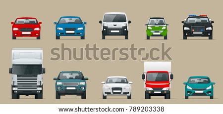 Car front view set. Vehicles driving in the city. Vector flat style cartoon illustration isolated on grey background Stockfoto © 