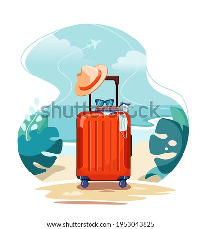 Red travel suitcase on tropical beach. Beach hat, sunglasses, tickets and medical mask. Travel during a pandemic. Vector illustration isolated on white background
