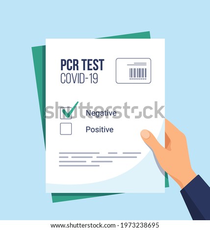 Negative result on PCR test for Covid-19. Hand holding certificate of absence of disease. Coronavirus prevention. Health care concept. Vector illustration in flat style