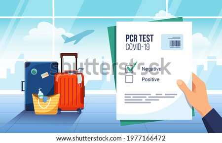Tourist waiting for departure in an airport lounge with a negative result of a PCR Covid-19 test. Luggage and plane taking off on the background. Coronavirus protection, new normal of travelling