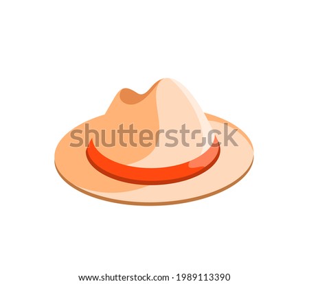 Vector illustration of summer beige sunhat with red ribbon isolated on white background. Fedora, straw hat, bonnet, beach hat. Flat design icon