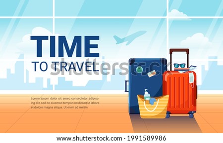 Vector flat illustration of empty waiting lounge or departure hall with tourist luggage and plane taking off on background. Airport terminal interior. Time to travel concept