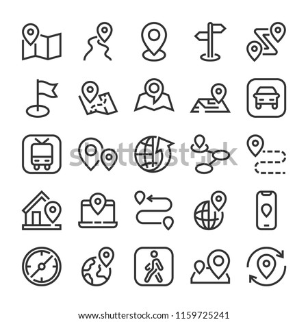 Markers, point and navigation icons set. Line style