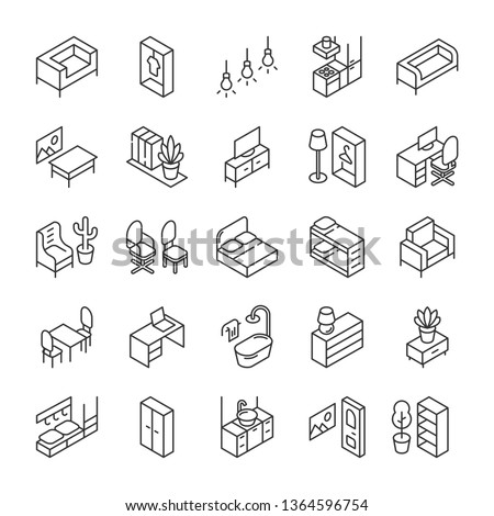 Isometric furniture and interior icons set. Line style