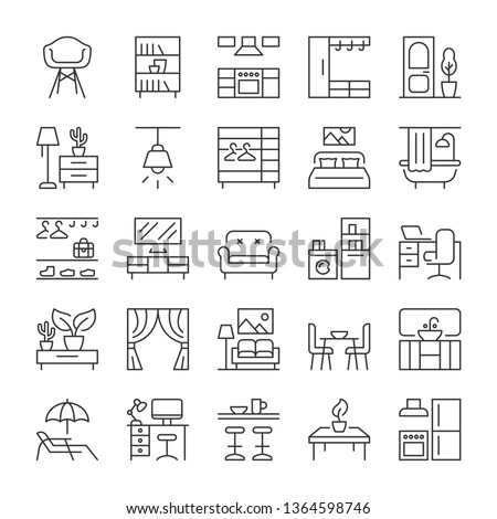 Furniture and interior icons set. Line style