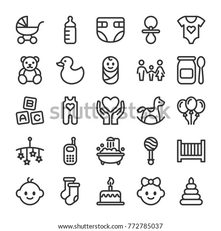 Baby toys, feeding and care icons set. Line style