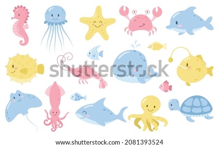 Cute sea animals. Big set.  Cartoon ocean fish, seahorse, jellyfish, blowfish, starfish, dolphin, turtle, crab, whale, anglerfish, ramp, squid, shark, octopus, shrimp