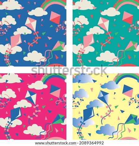 Clouds and kites themed seamless print design with 4 different color options