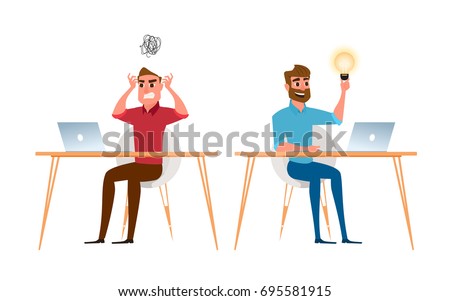 Two businessman are different have idea and have no idea. Angry, stress at work and positive businessmen. Cartoon Vector Illustration.
