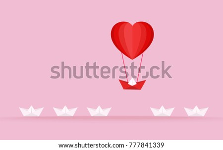 Happy valentine's day concept of love. Outstanding the Boat rises above with heart shape hot air balloon. Vector Illustration
